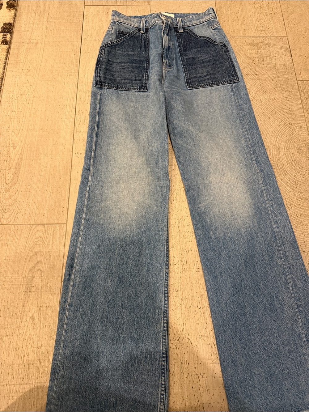 MOTHER Men's Light Blue Bootcut Jeans with Dark Front Patch Pockets